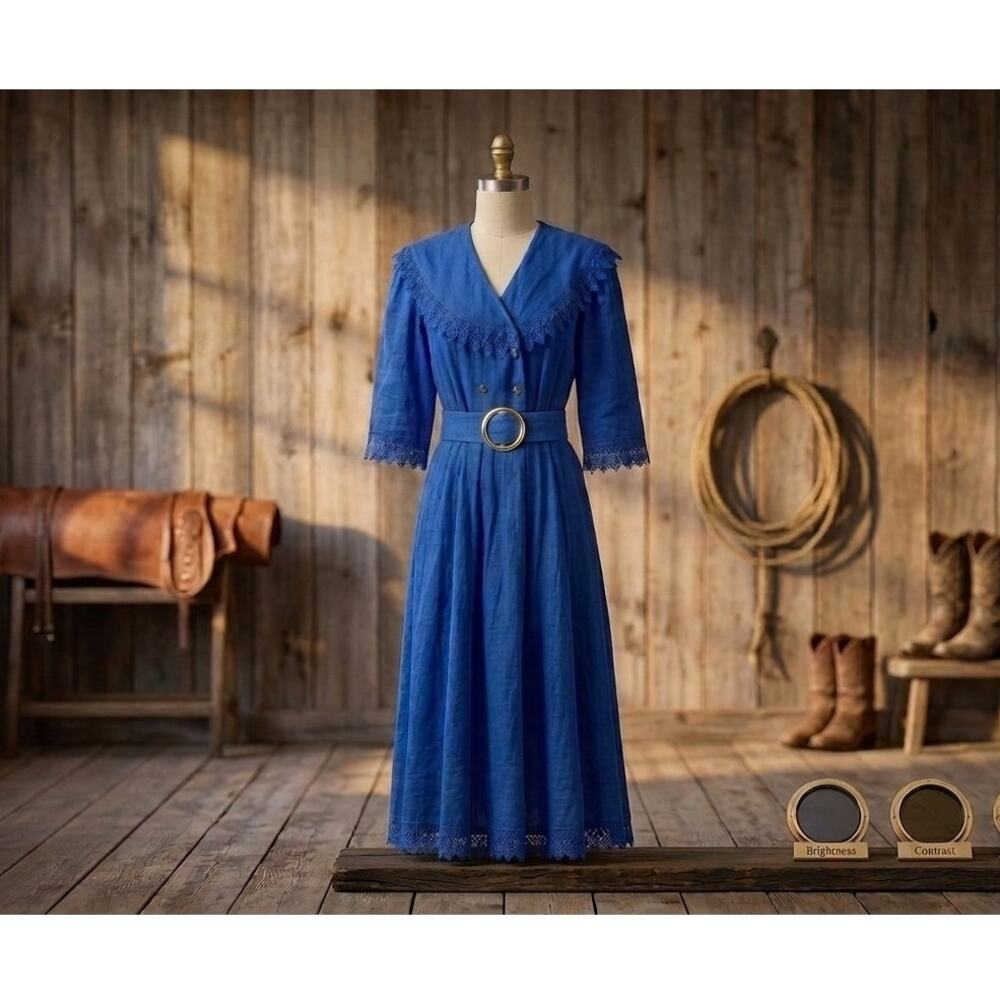 Vintage Lilia Smitty Blue Western Cowgirl Rockabilly Prairie Rodeo Belted Dress